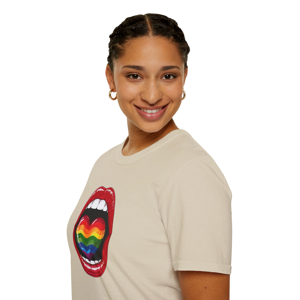 Pride Love Unisex Softstyle T-Shirt | LGBTQ+ Rainbow Heart Design