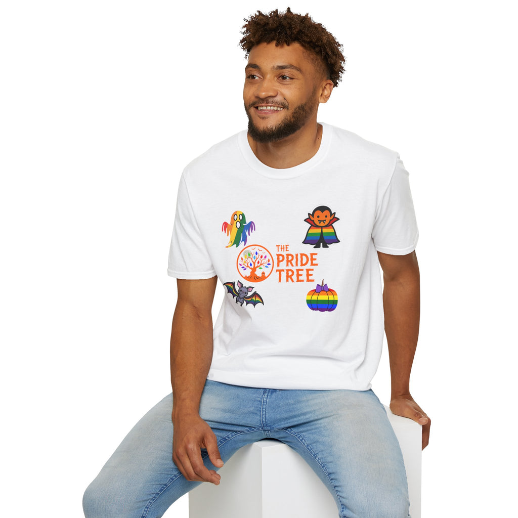 The Pride Tree Halloween T‑Shirt — Rainbow Ghosts, Pumpkins & Bat Graphic Tee