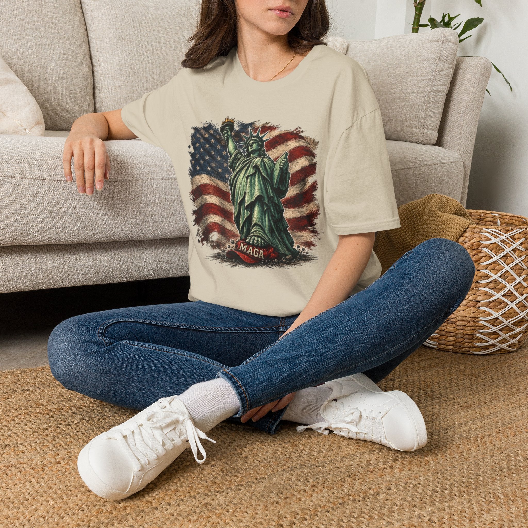 Statue of Liberty Stepping on MAGA American Flag T-Shirt — Patriotic USA Independence Day Tee