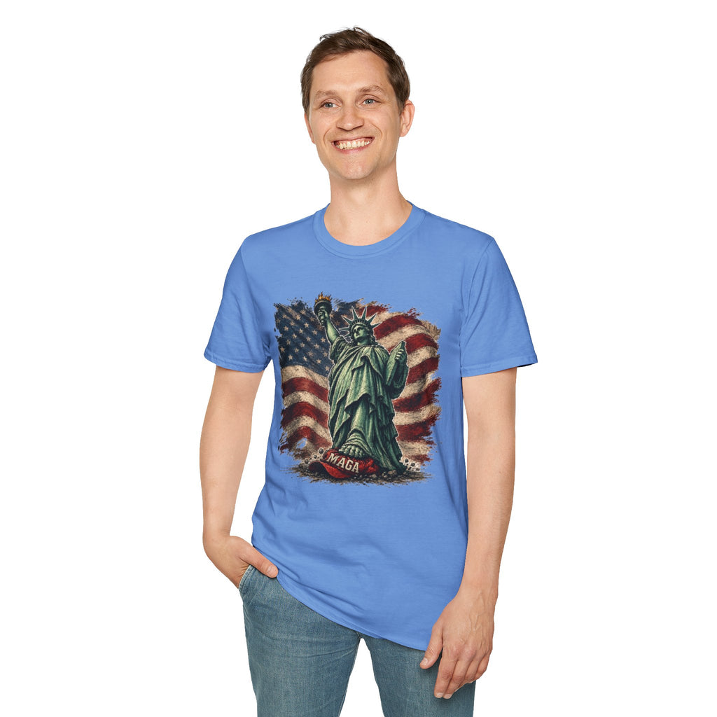 Statue of Liberty Stepping on MAGA American Flag T-Shirt — Patriotic USA Independence Day Tee