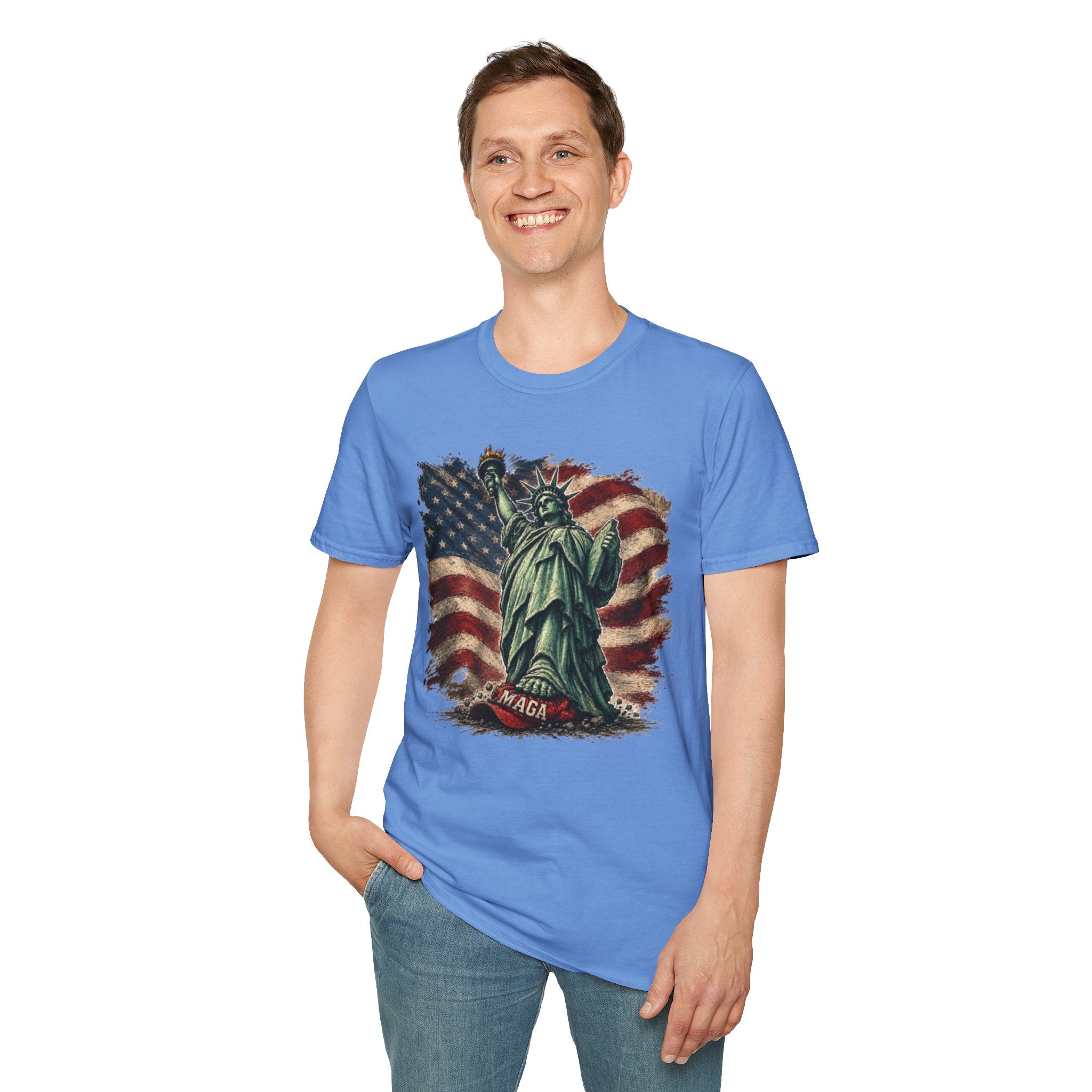 Statue of Liberty Stepping on MAGA American Flag T-Shirt — Patriotic USA Independence Day Tee
