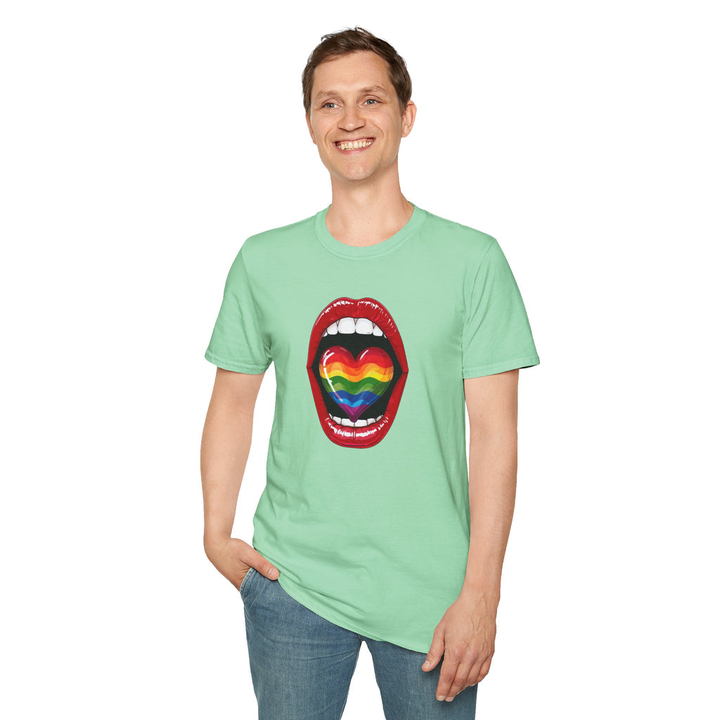 Pride Love Unisex Softstyle T-Shirt | LGBTQ+ Rainbow Heart Design