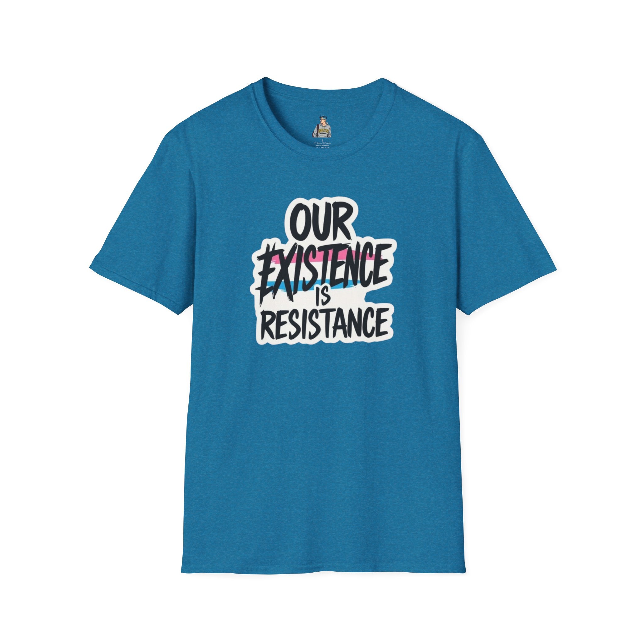 Our Existence is Resistance Trans Pride Unisex Softstyle T-Shirt - Empowering Statement Tee for Activists and Advocates
