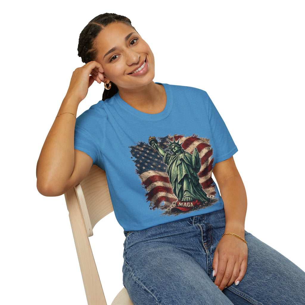 Statue of Liberty Stepping on MAGA American Flag T-Shirt — Patriotic USA Independence Day Tee