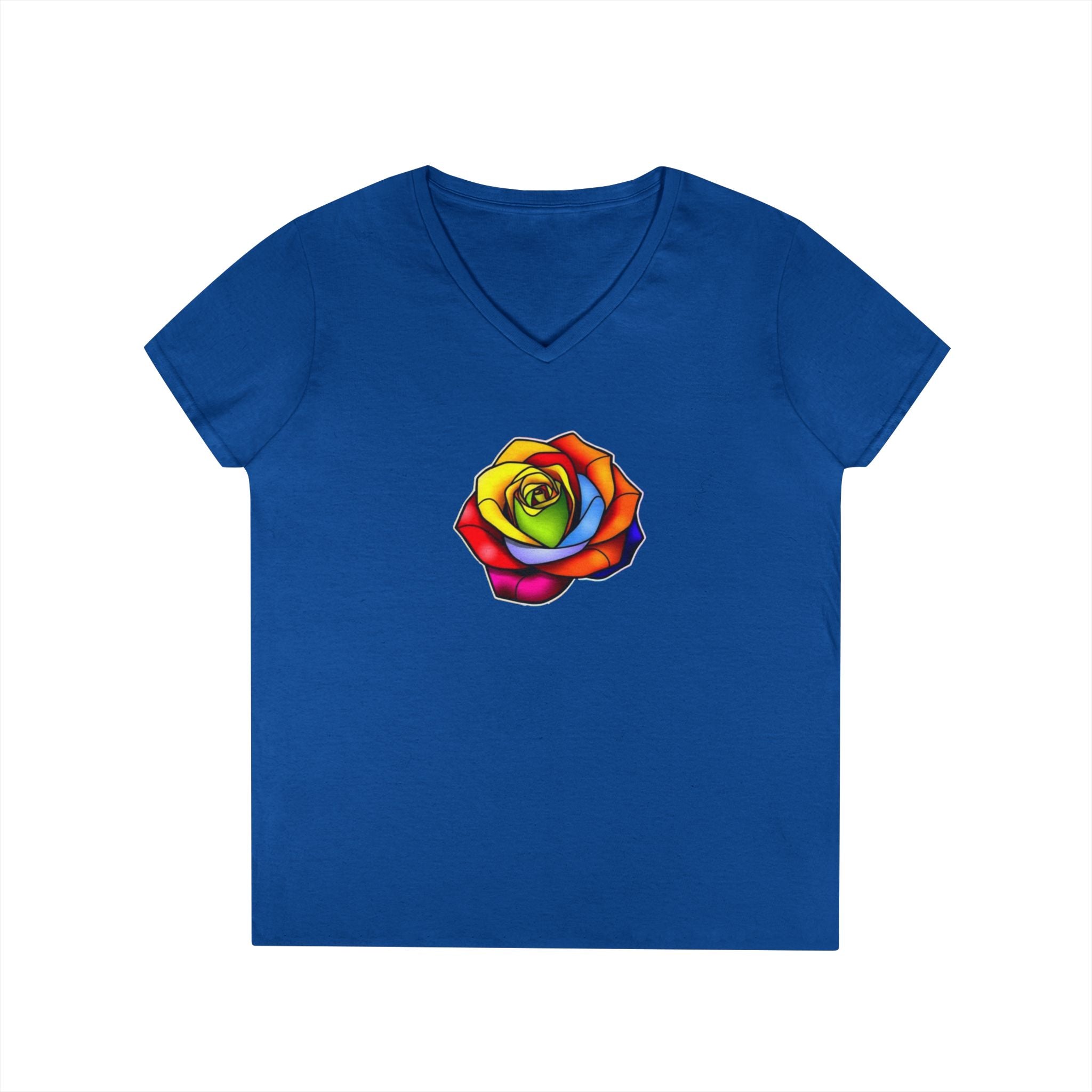 Rainbow Rose Ladies' V-Neck T-Shirt - Colorful Floral Design