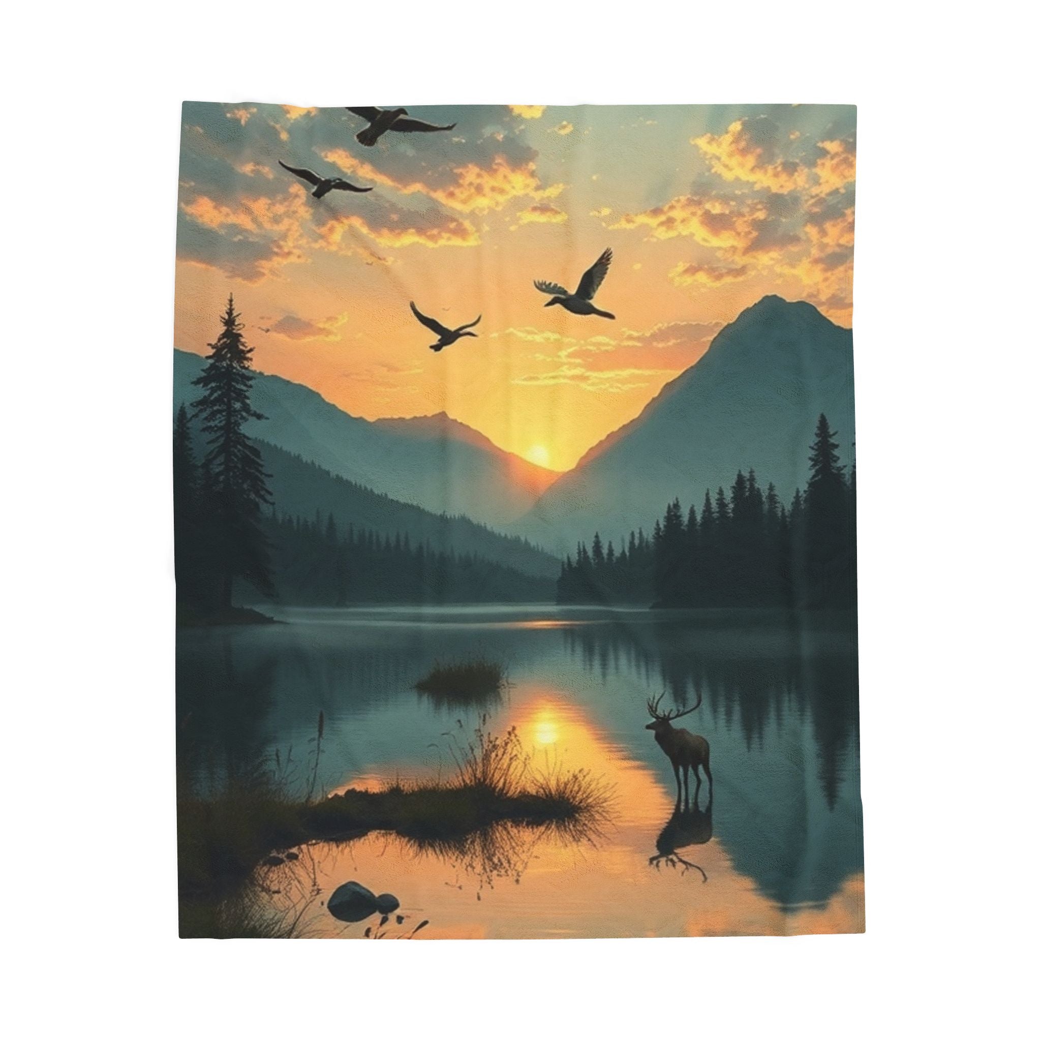 Lake Scene with Elk and Ducks Velveteen Plush Blanket – For Comfort and Warmth