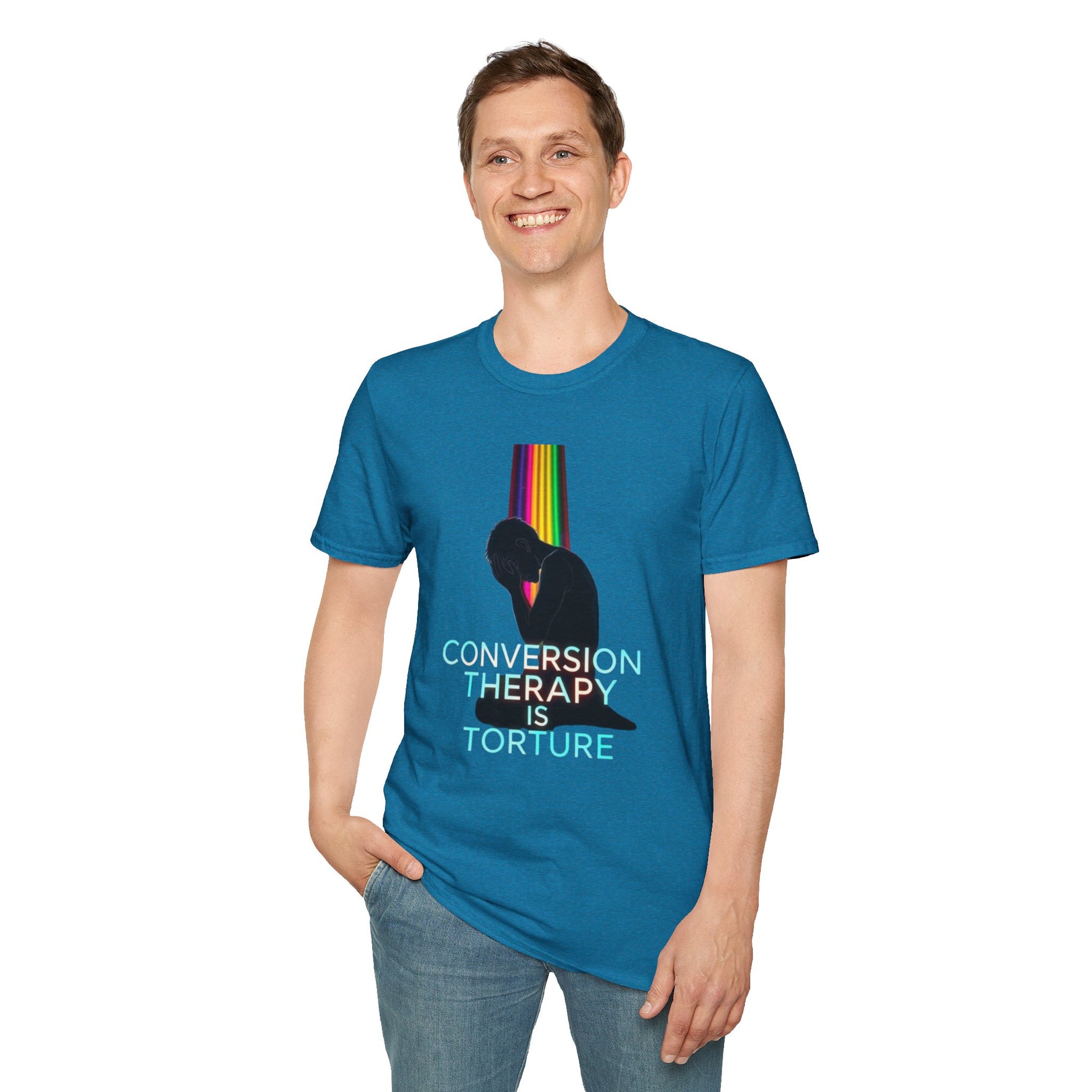 Unisex Softstyle T-Shirt: "Conversion Therapy is Torture" & "We All Belong" - LGBTQ+ Empowerment Tee