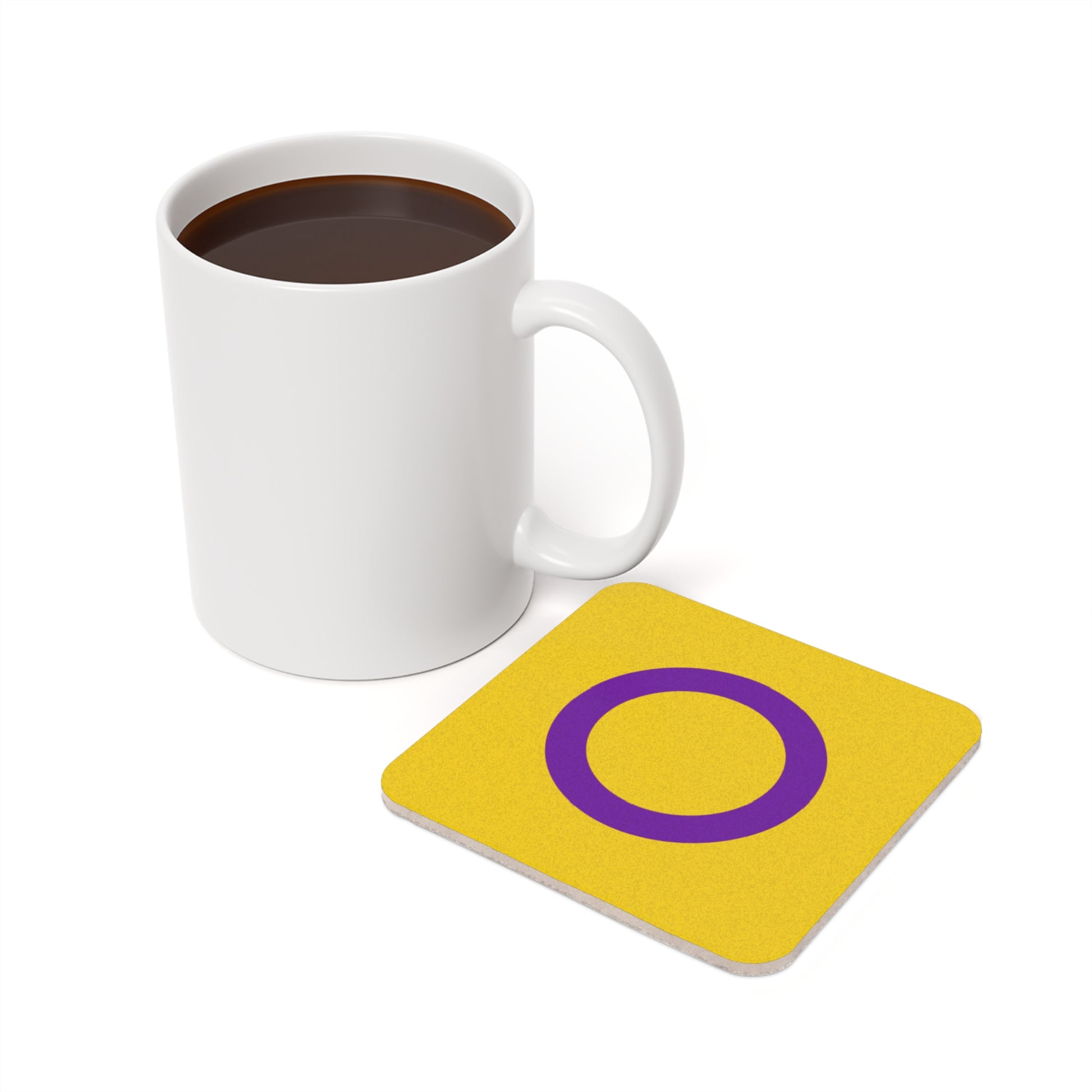 Colorful Round Cork Back Coaster - Bright Yellow with Purple Ring, Perfect for Home Decor & Gifts