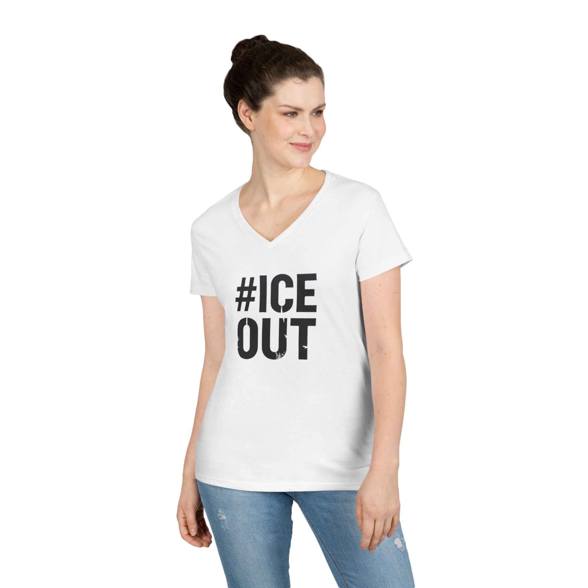 #ICE OUT Ladies' V-Neck T-Shirt — Trendy Hashtag Graphic Tee