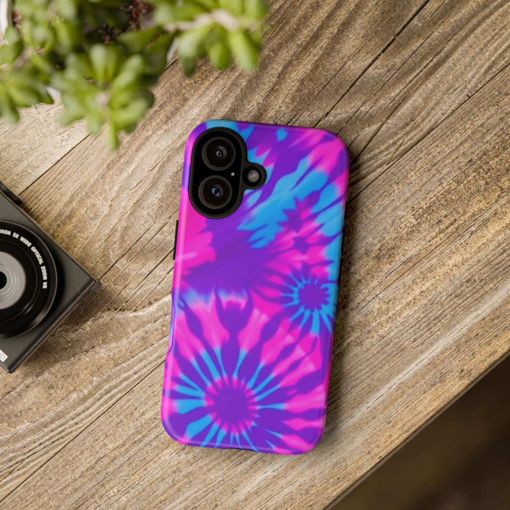 Tie-Dye Floral Phone Case for iPhone — Pink & Blue Retro Protective Tough Case