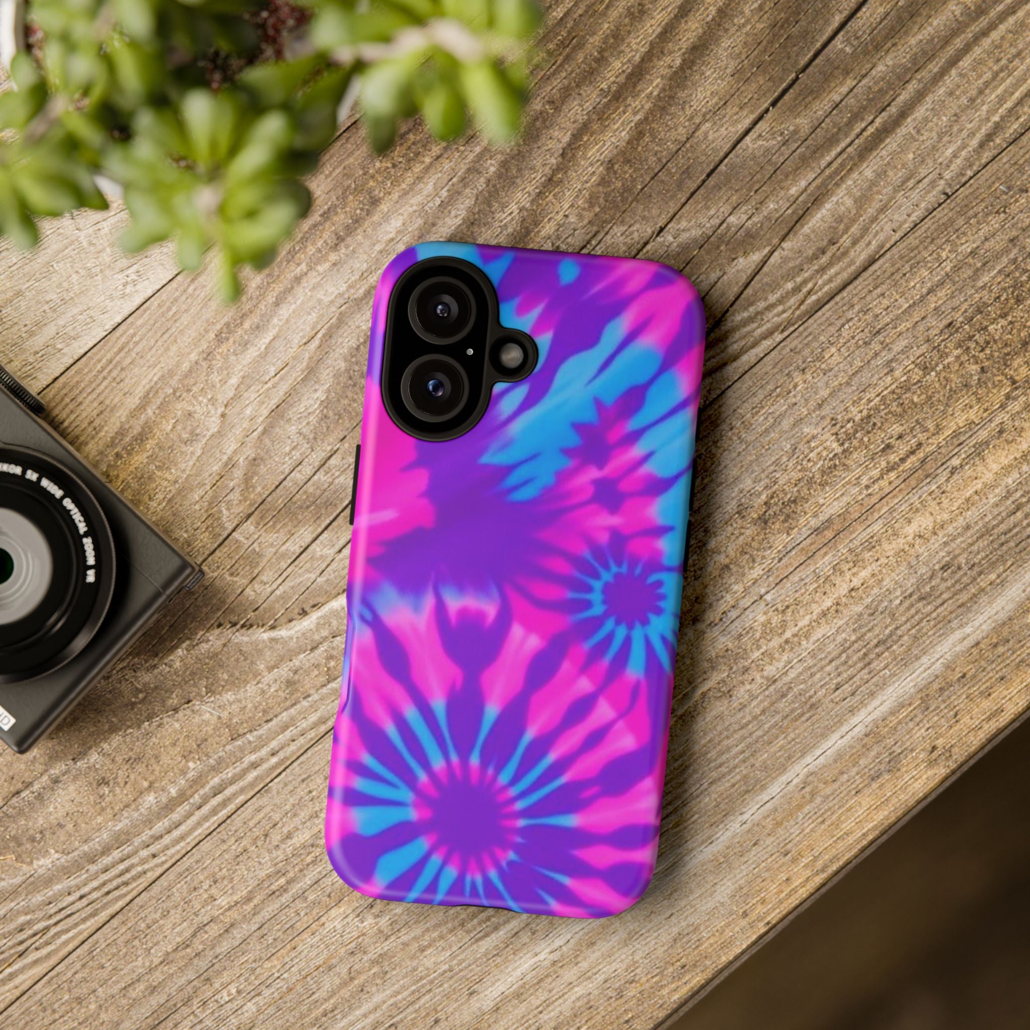 Tie-Dye Floral Phone Case for iPhone — Pink & Blue Retro Protective Tough Case