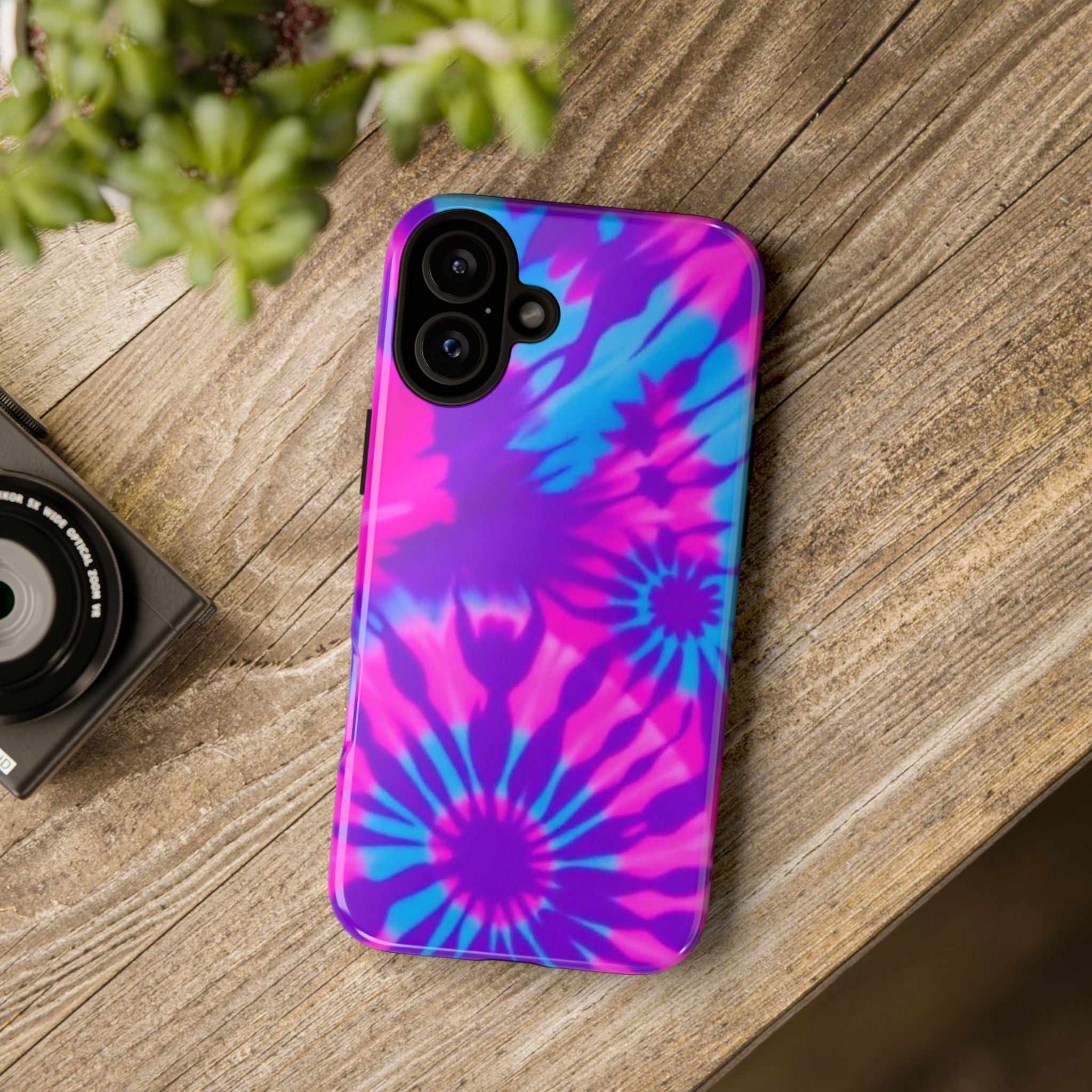 Tie-Dye Floral Phone Case for iPhone — Pink & Blue Retro Protective Tough Case