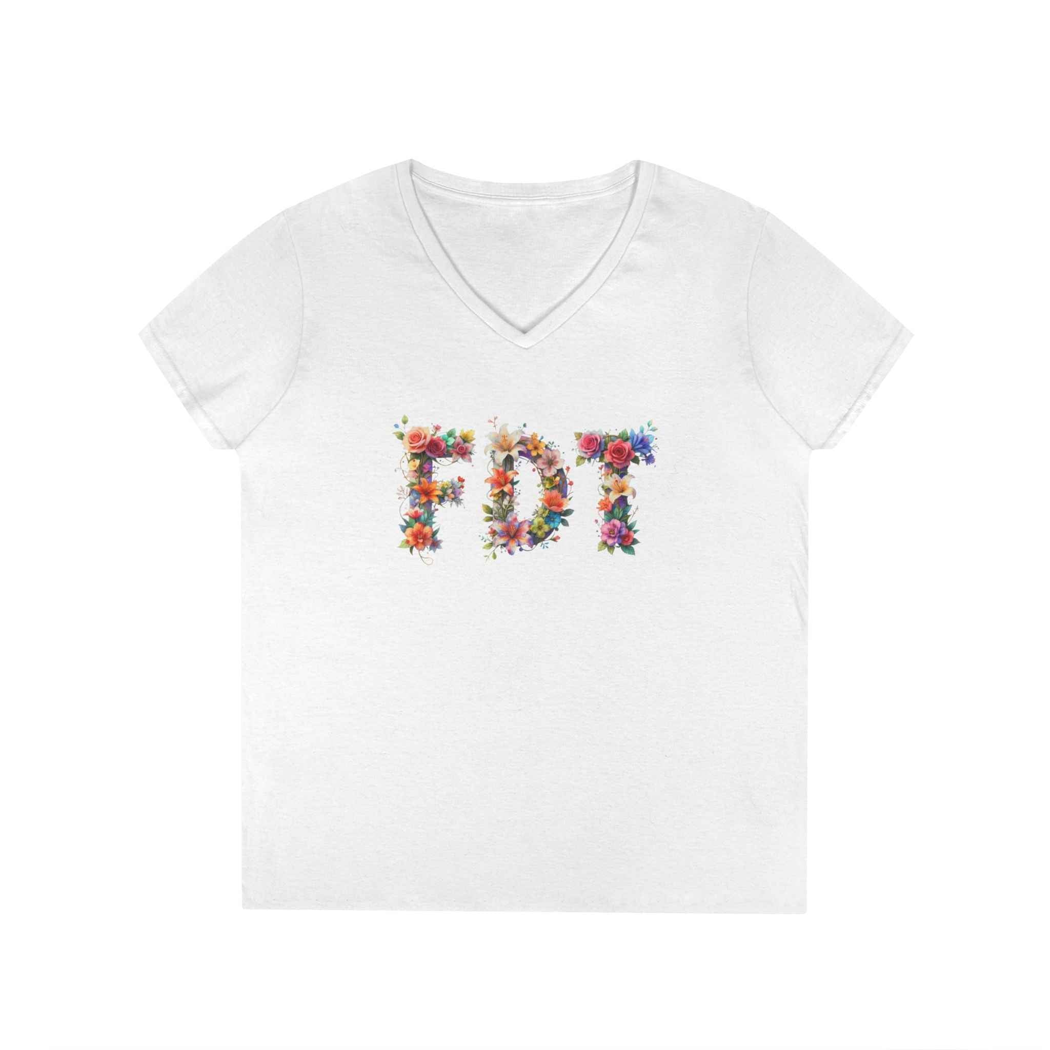 Floral Initials 'FDT' Ladies' V-Neck Tee — Colorful Botanical Monogram Shirt