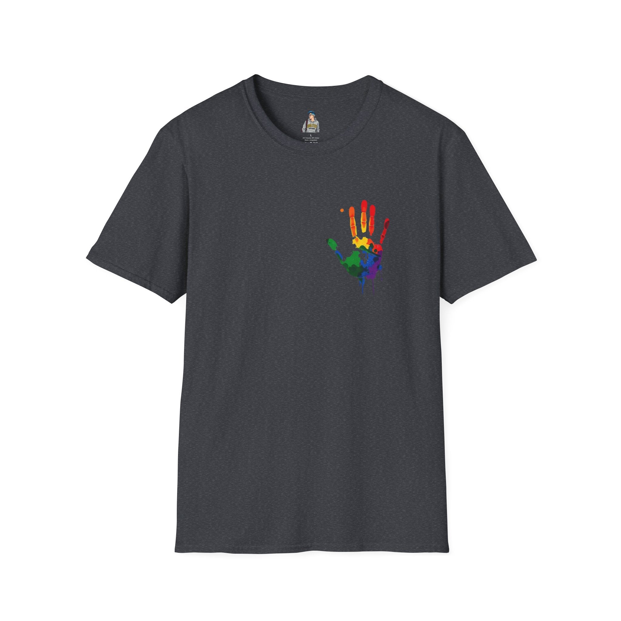 Inclusive Art Unisex Softstyle T-Shirt – ‘ Rainbow Handprint We All Belong’