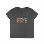Floral Initials 'FDT' Ladies' V-Neck Tee — Colorful Botanical Monogram Shirt
