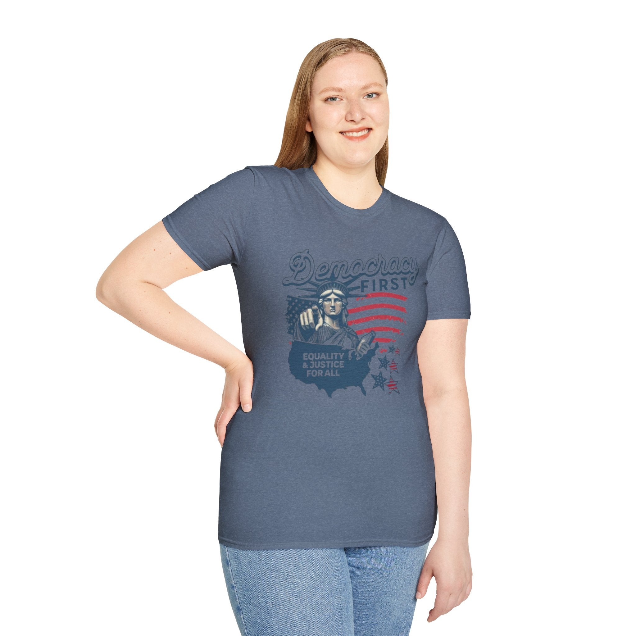 Democracy First T-Shirt | Unisex Softstyle Tee for Equality & Justice