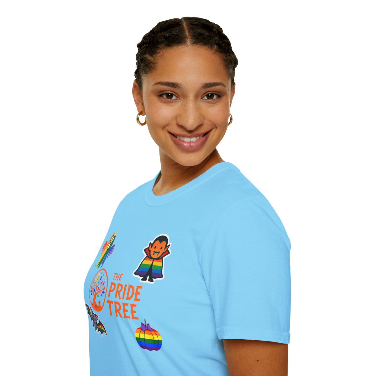 The Pride Tree Halloween T‑Shirt — Rainbow Ghosts, Pumpkins & Bat Graphic Tee