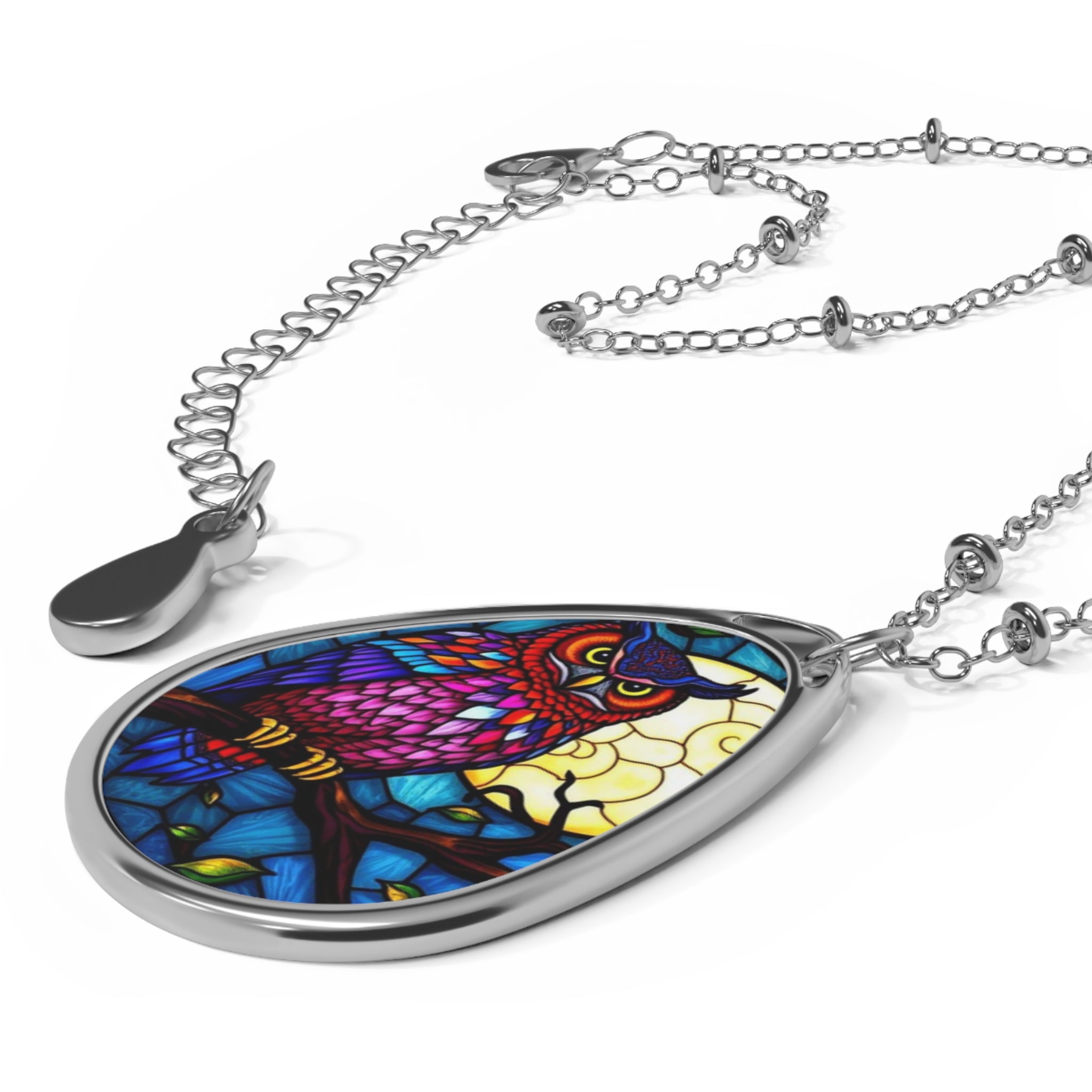 Stained Glass Owl and Moon Oval Necklace Pendant