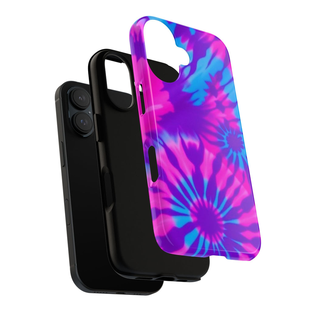 Tie-Dye Floral Phone Case for iPhone — Pink & Blue Retro Protective Tough Case