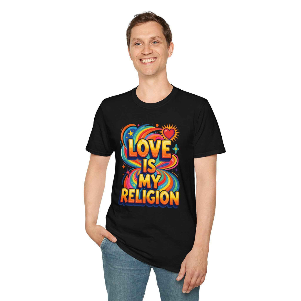 T-Shirt — "Love Is My Religion" Retro Rainbow Graphic Tee