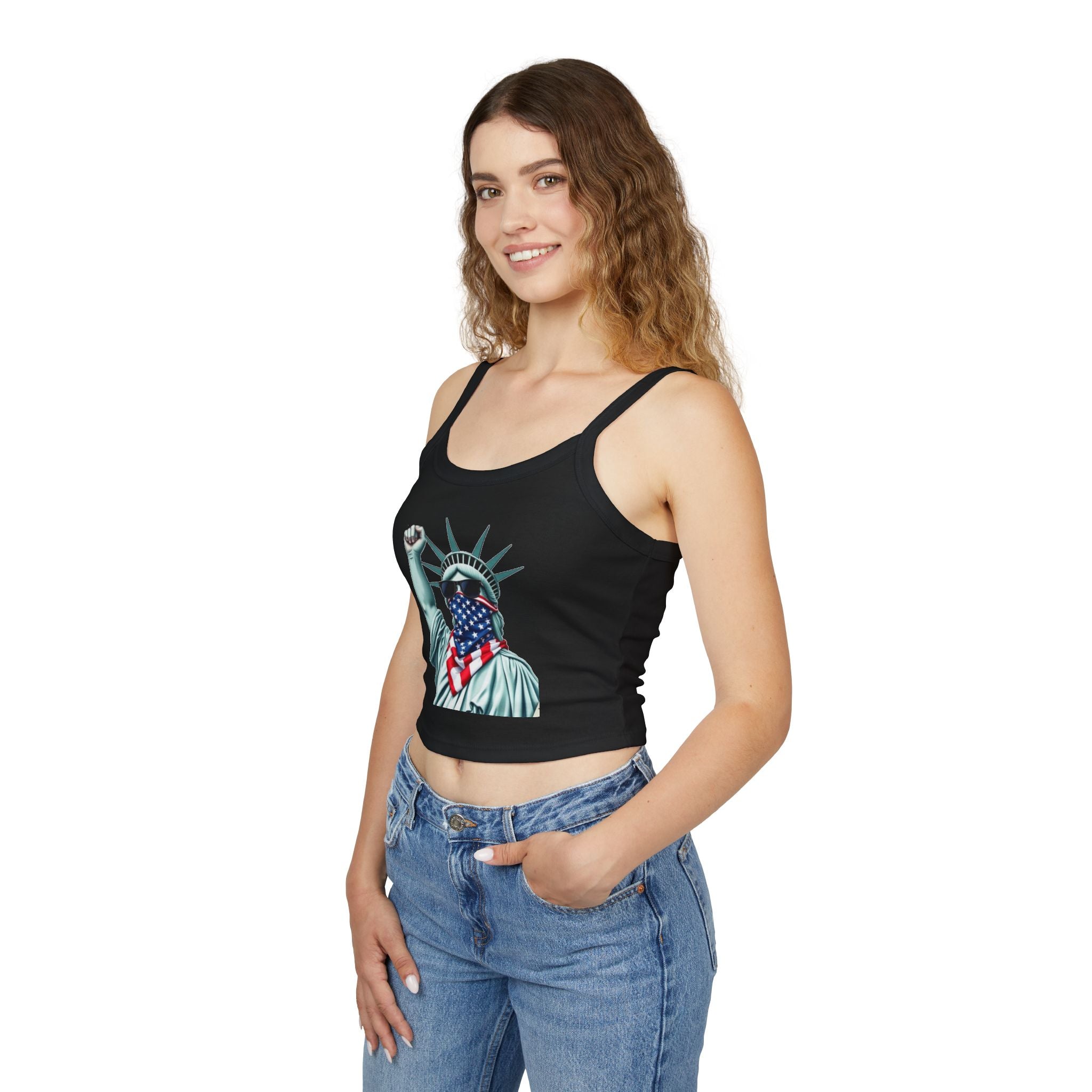 Patriotic Women's Spaghetti Strap Tank Top - Stand With Her Statue of Liberty Design
