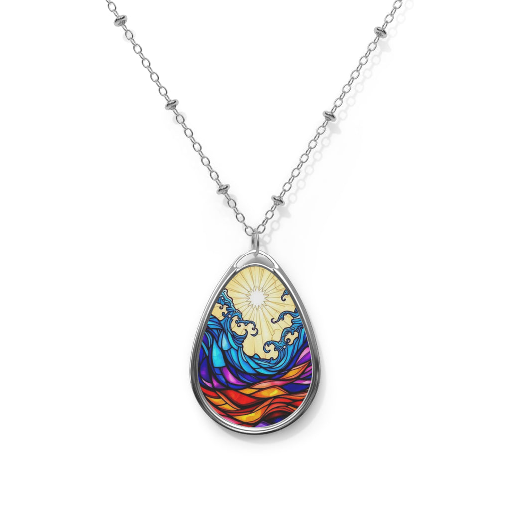 Oval Necklace — Stained Glass Sun & Wave Teardrop Pendant