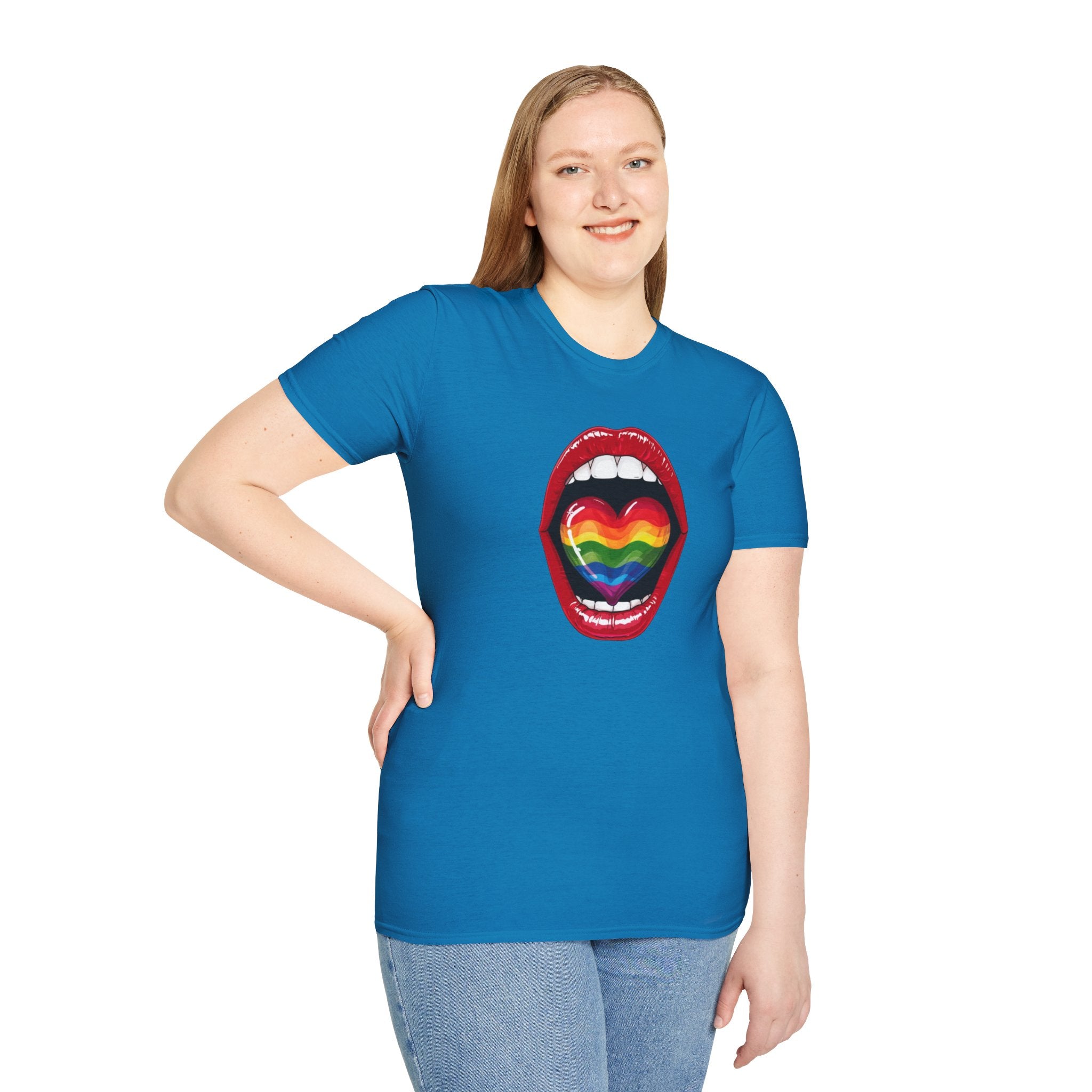 Pride Love Unisex Softstyle T-Shirt | LGBTQ+ Rainbow Heart Design