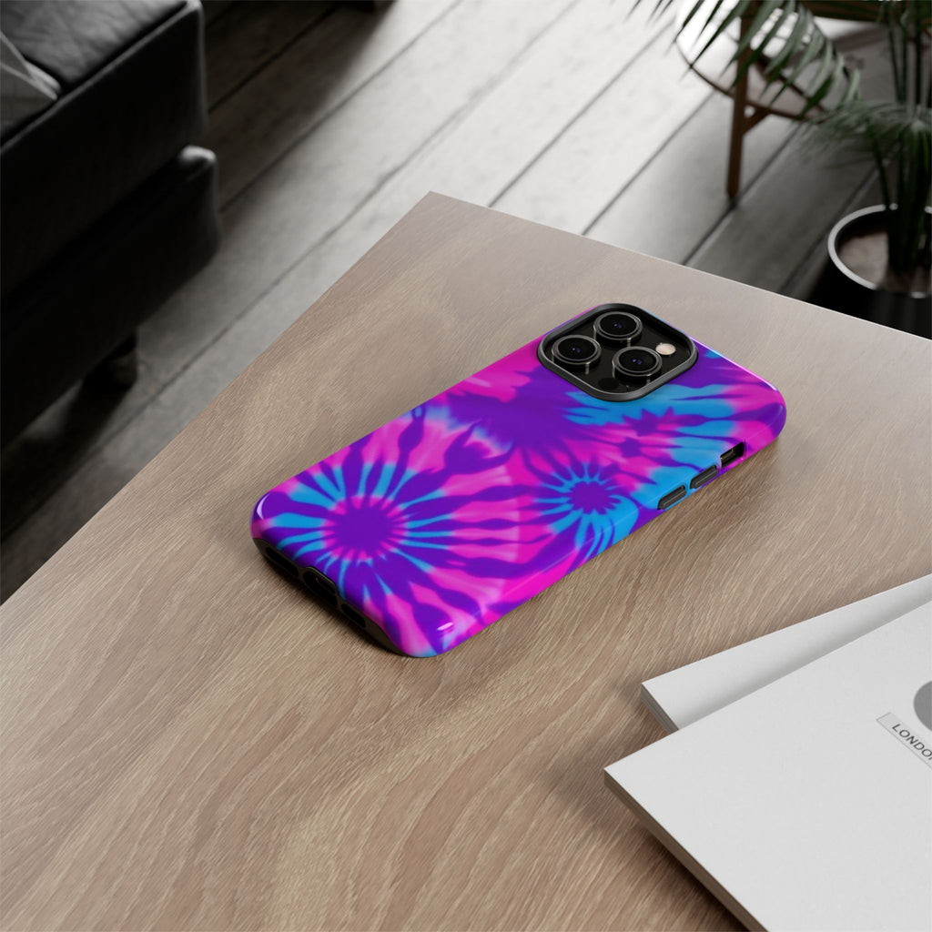Tie-Dye Floral Phone Case for iPhone — Pink & Blue Retro Protective Tough Case