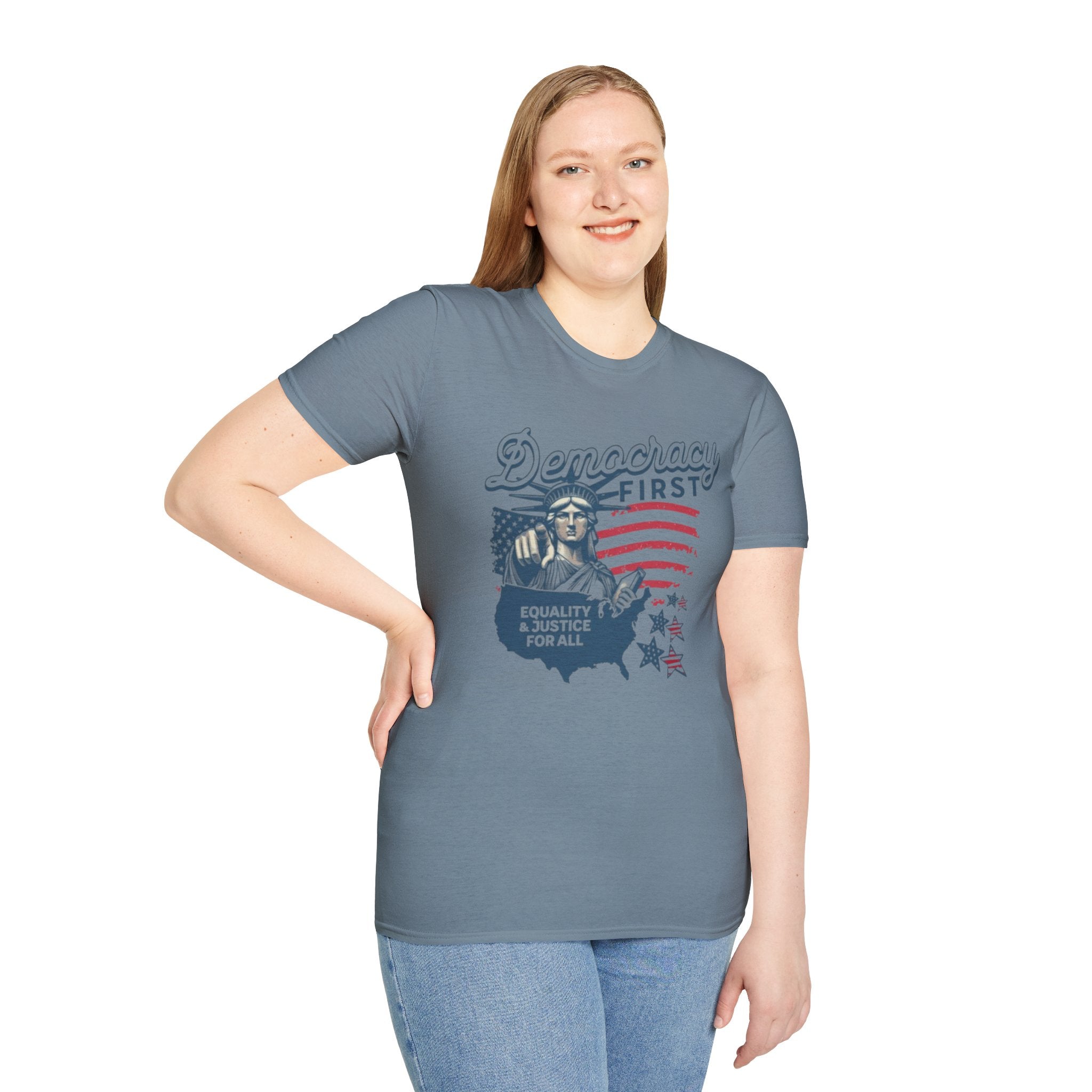 Democracy First T-Shirt | Unisex Softstyle Tee for Equality & Justice