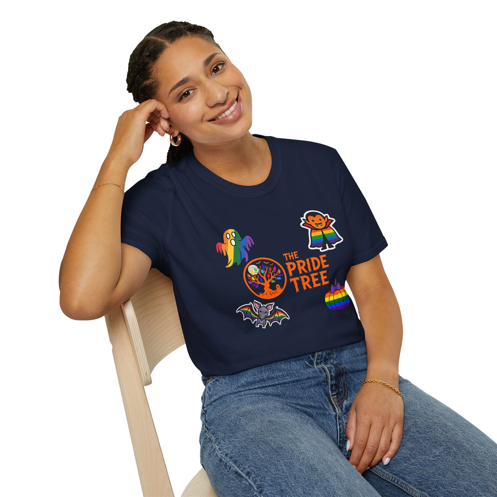 The Pride Tree Halloween T‑Shirt — Rainbow Ghosts, Pumpkins & Bat Graphic Tee