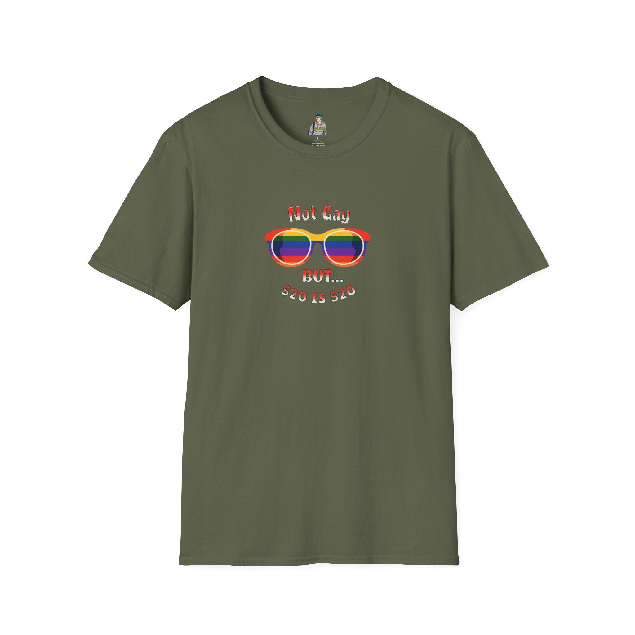 Funny LGBTQ+ Pride T-Shirt - "Not Gay But $20 is $20" Unisex Softstyle