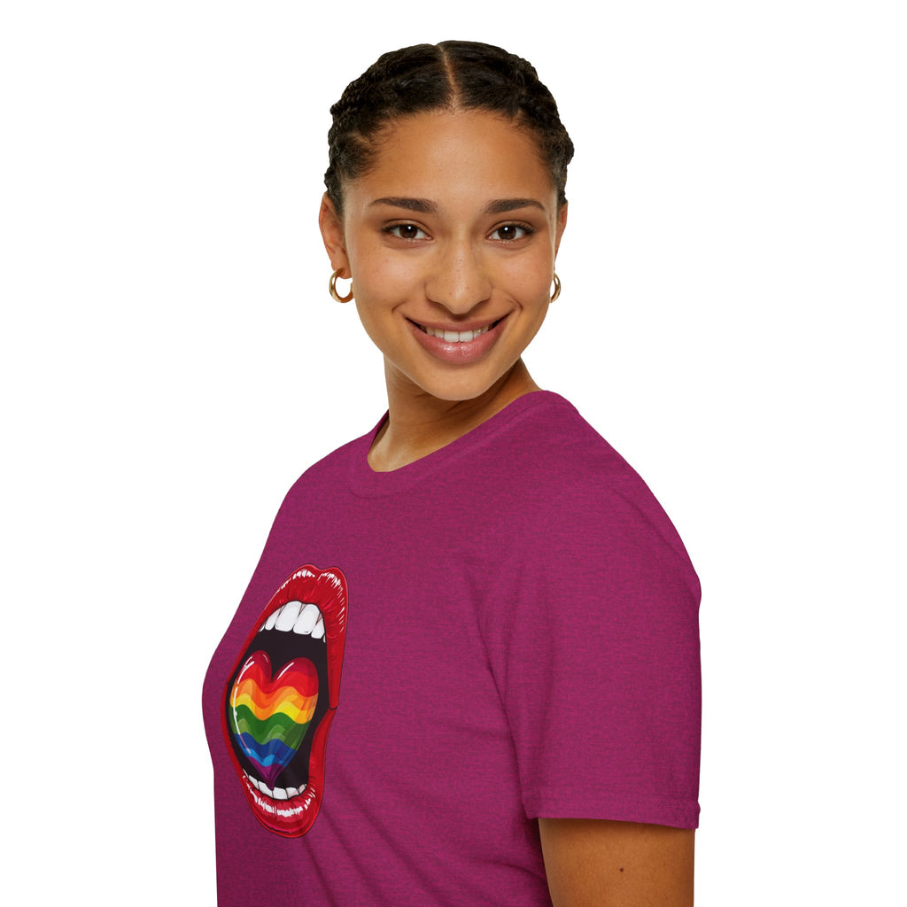 Pride Love Unisex Softstyle T-Shirt | LGBTQ+ Rainbow Heart Design