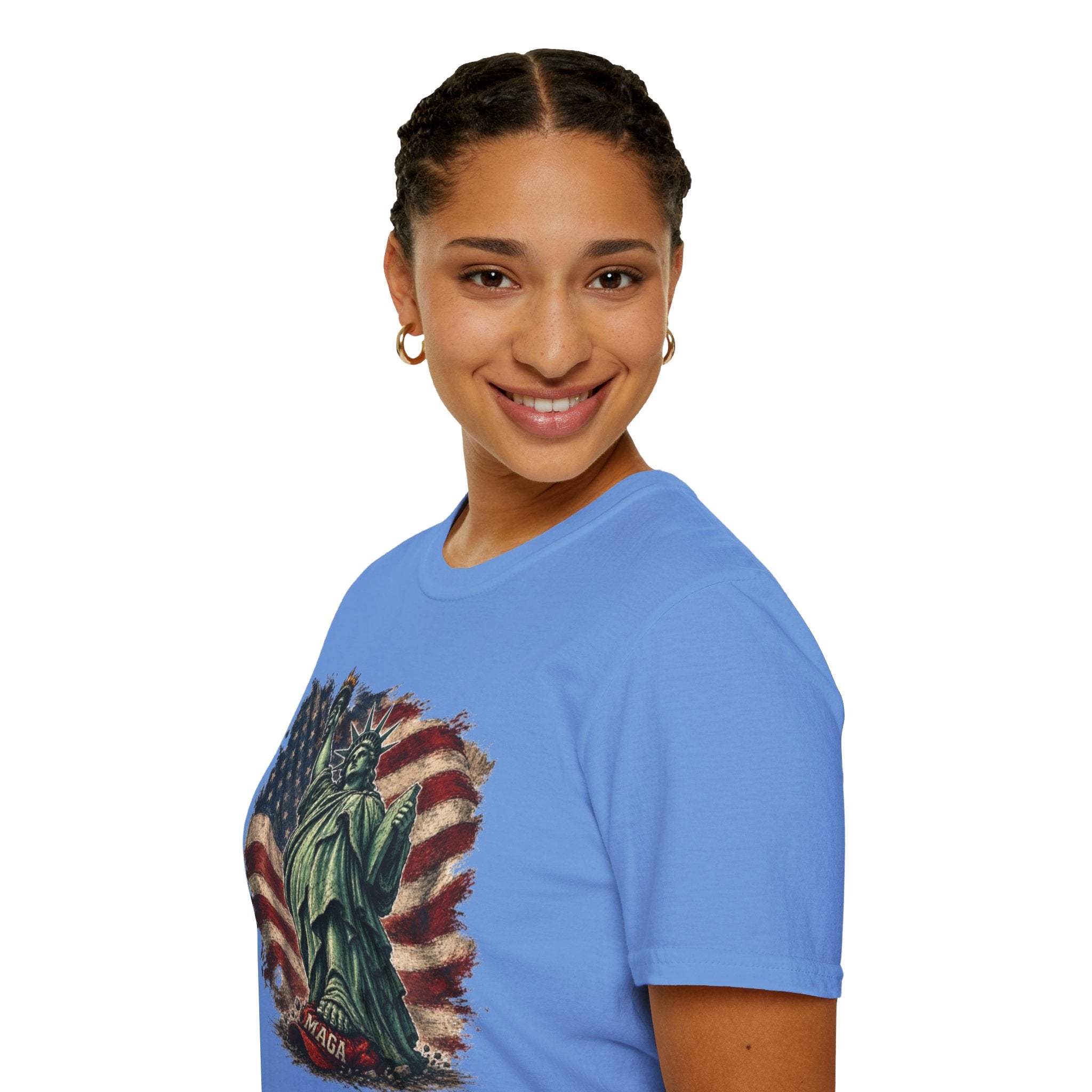 Statue of Liberty Stepping on MAGA American Flag T-Shirt — Patriotic USA Independence Day Tee