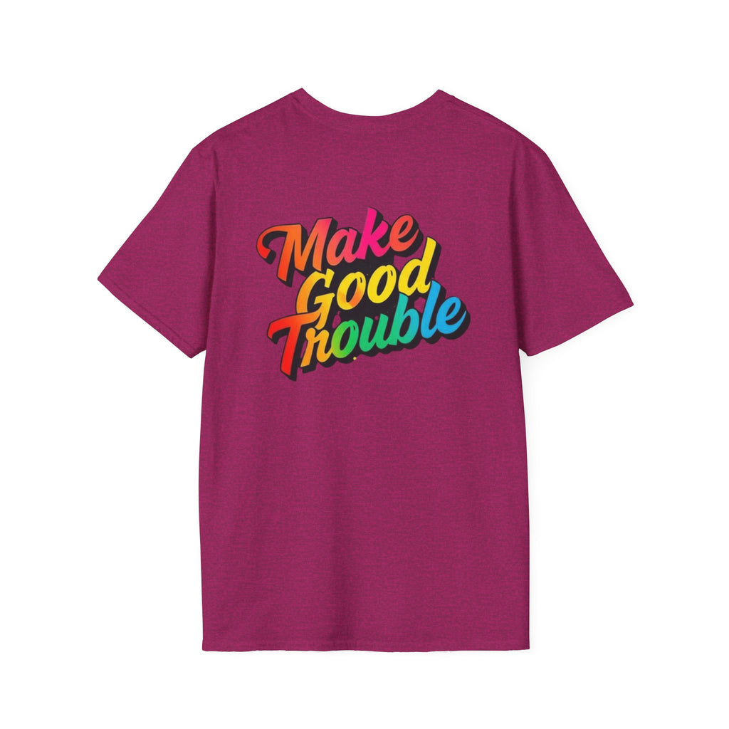 Inspirational Unisex Softstyle T-Shirt - 'Make Good Trouble' Rainbow Statement Tee