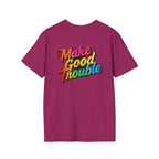 Inspirational Unisex Softstyle T-Shirt - 'Make Good Trouble' Rainbow Statement Tee