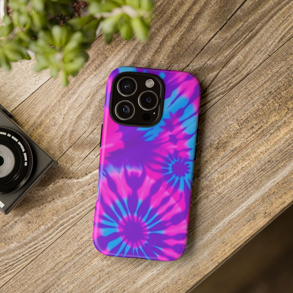 Tie-Dye Floral Phone Case for iPhone — Pink & Blue Retro Protective Tough Case