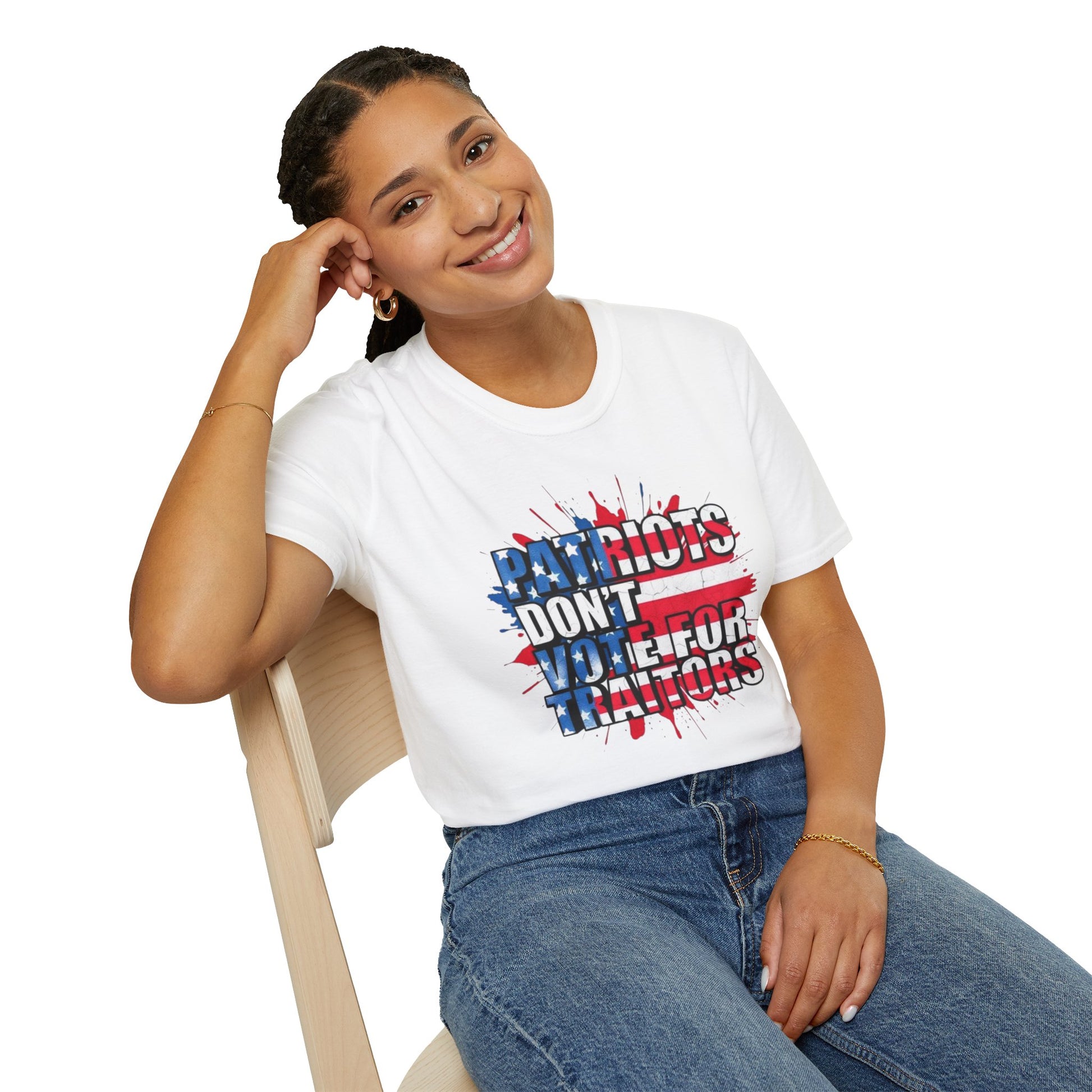 Unisex Softstyle T-Shirt - 'Patriots Don't Vote for Traitors' with USA Flag Design