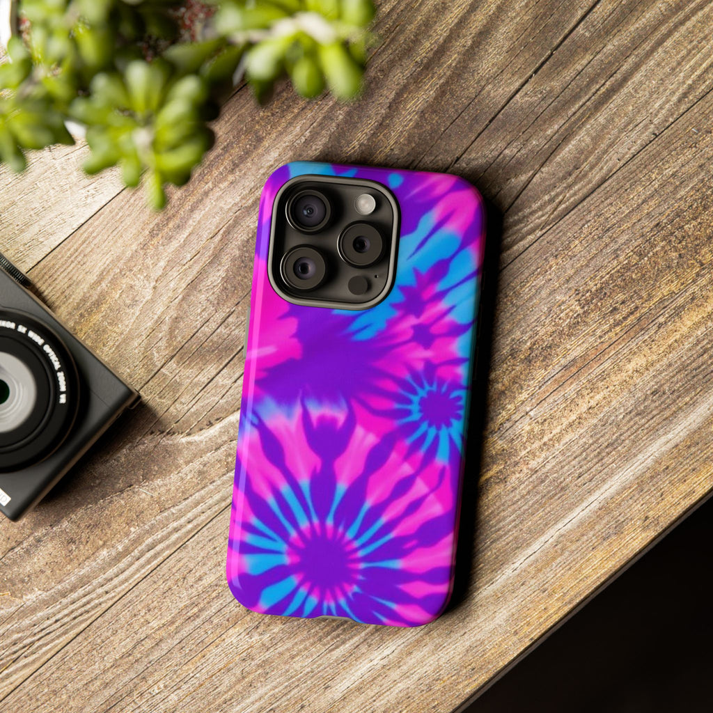 Tie-Dye Floral Phone Case for iPhone — Pink & Blue Retro Protective Tough Case