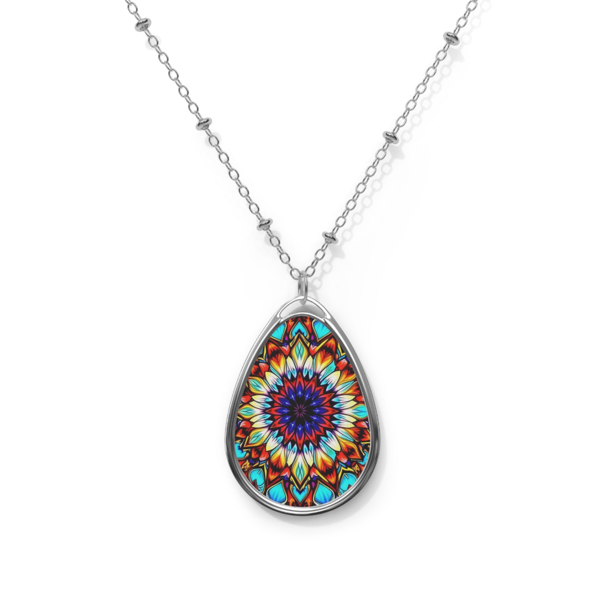 Oval Necklace — Colorful Kaleidoscope Teardrop Pendant Necklace