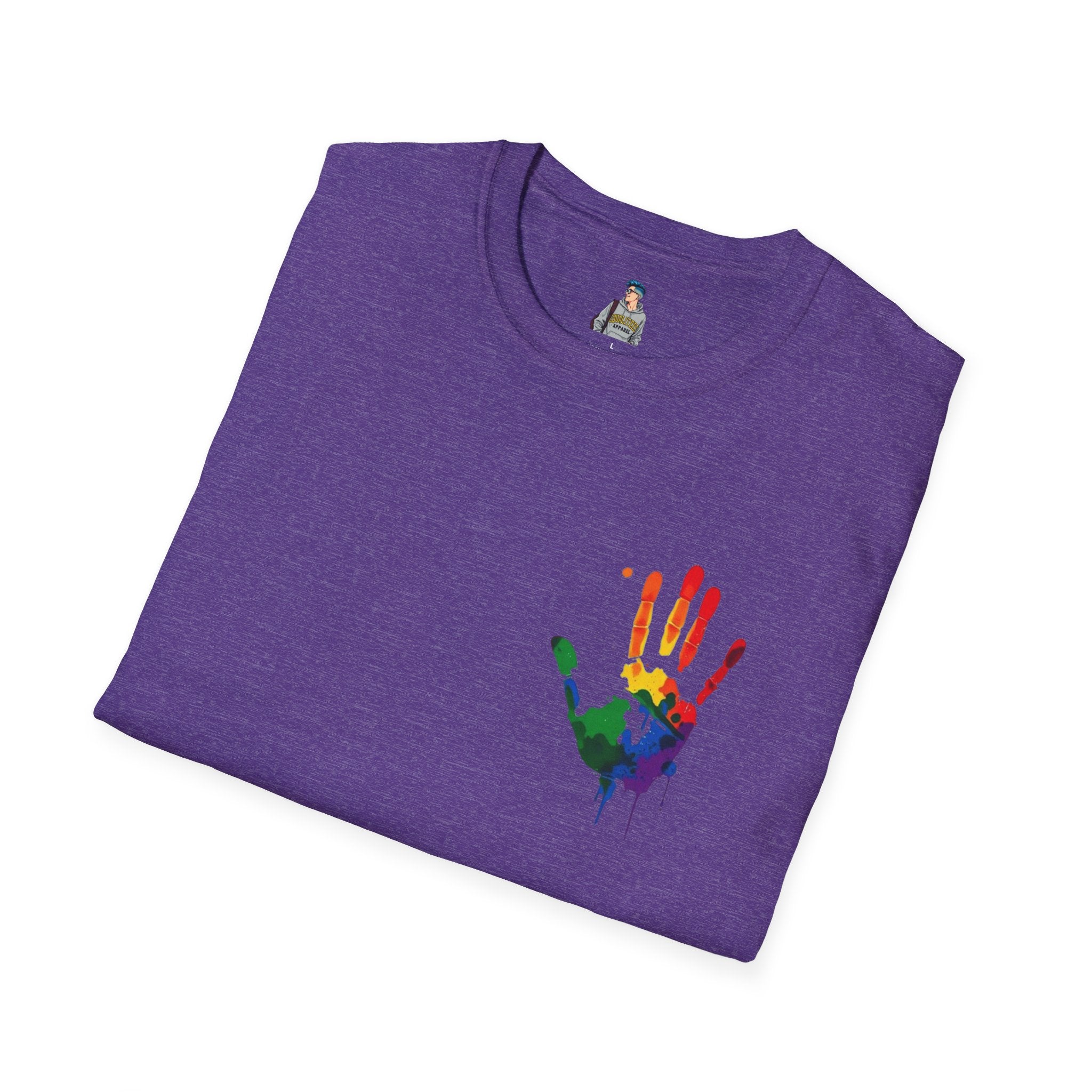 Inclusive Art Unisex Softstyle T-Shirt – ‘ Rainbow Handprint We All Belong’