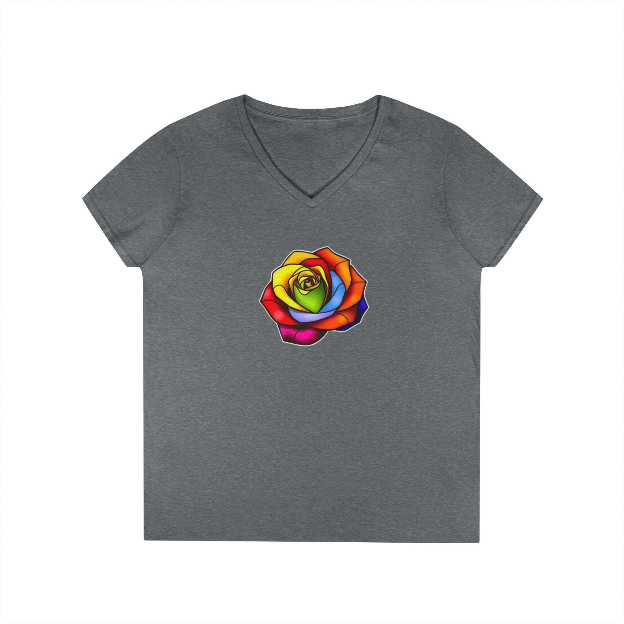 Rainbow Rose Ladies' V-Neck T-Shirt - Colorful Floral Design