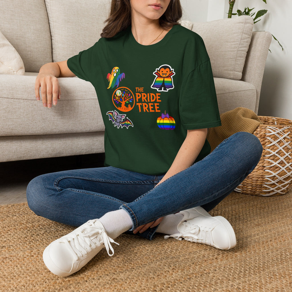 The Pride Tree Halloween T‑Shirt — Rainbow Ghosts, Pumpkins & Bat Graphic Tee