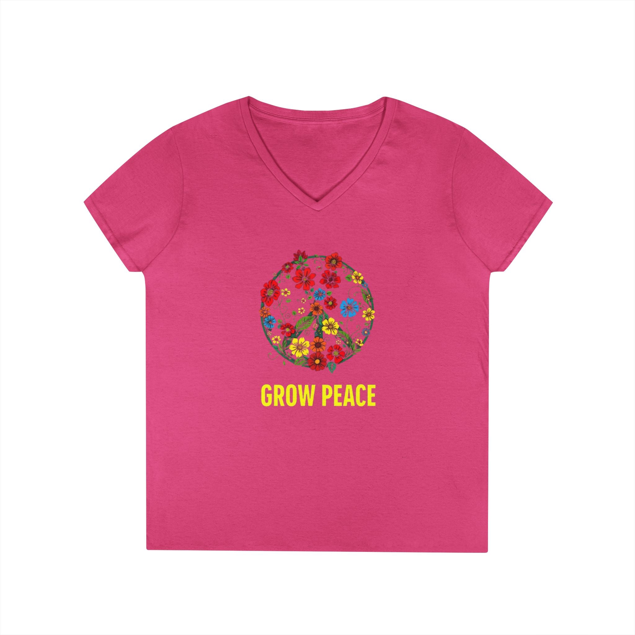 Ladies' V-Neck T-Shirt - "Grow Peace" Floral Design