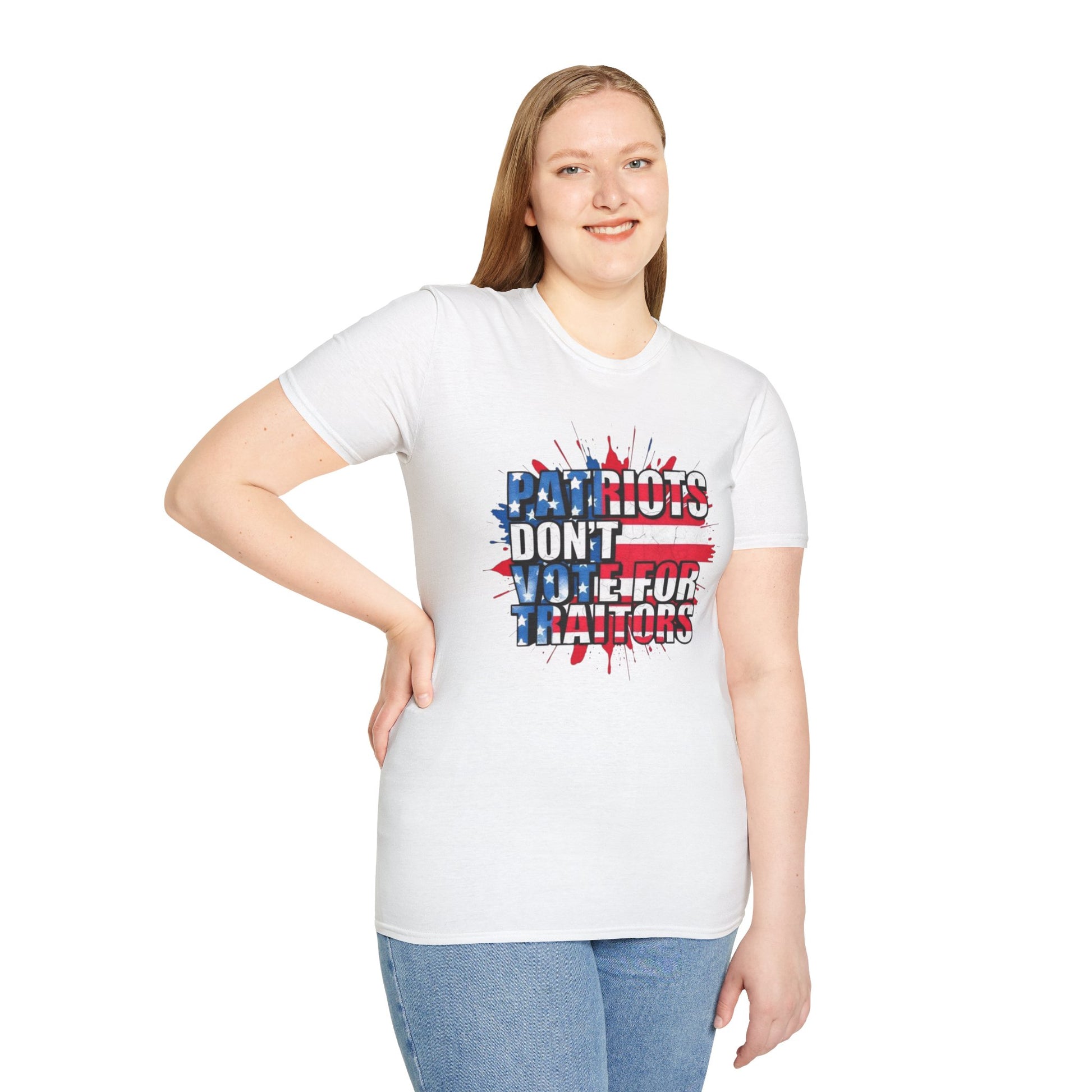 Unisex Softstyle T-Shirt - 'Patriots Don't Vote for Traitors' with USA Flag Design