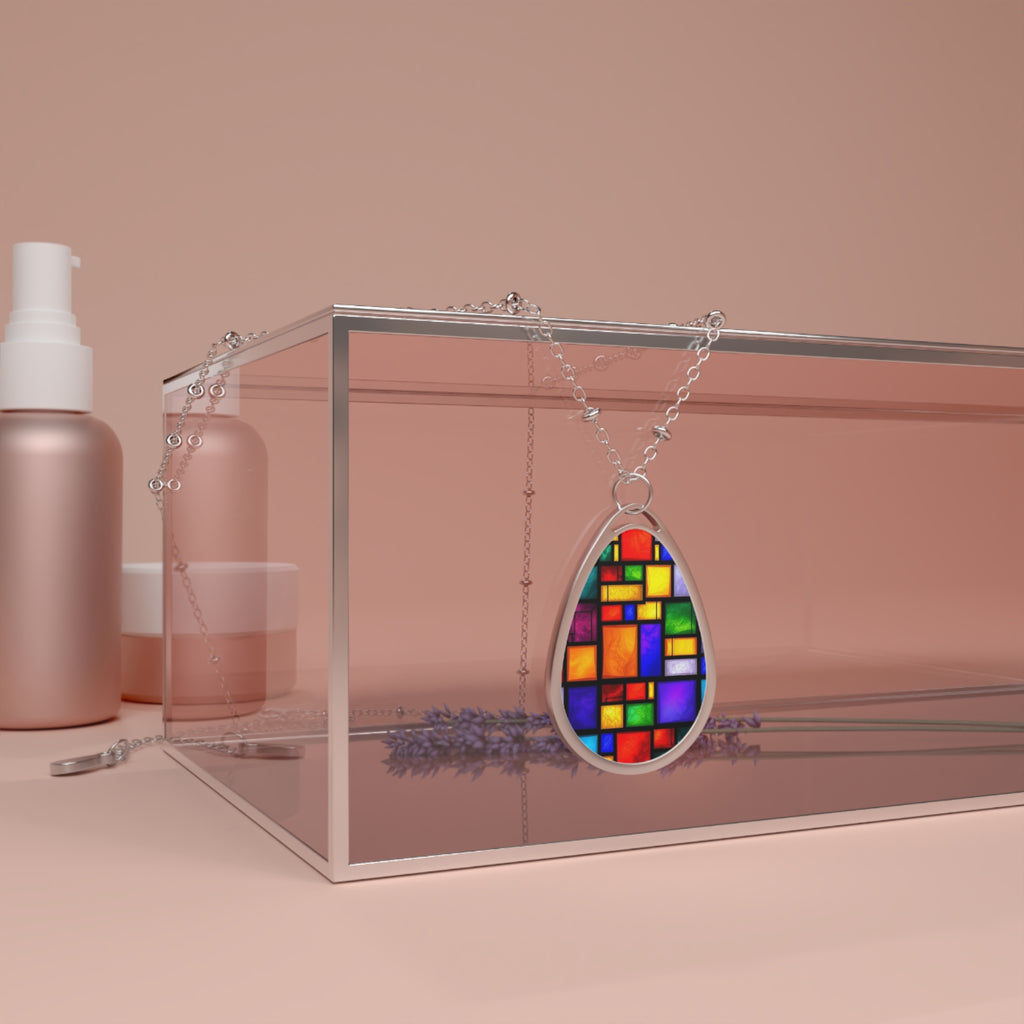 Stained Glass Oval Necklace — Colorful Geometric Teardrop Pendant