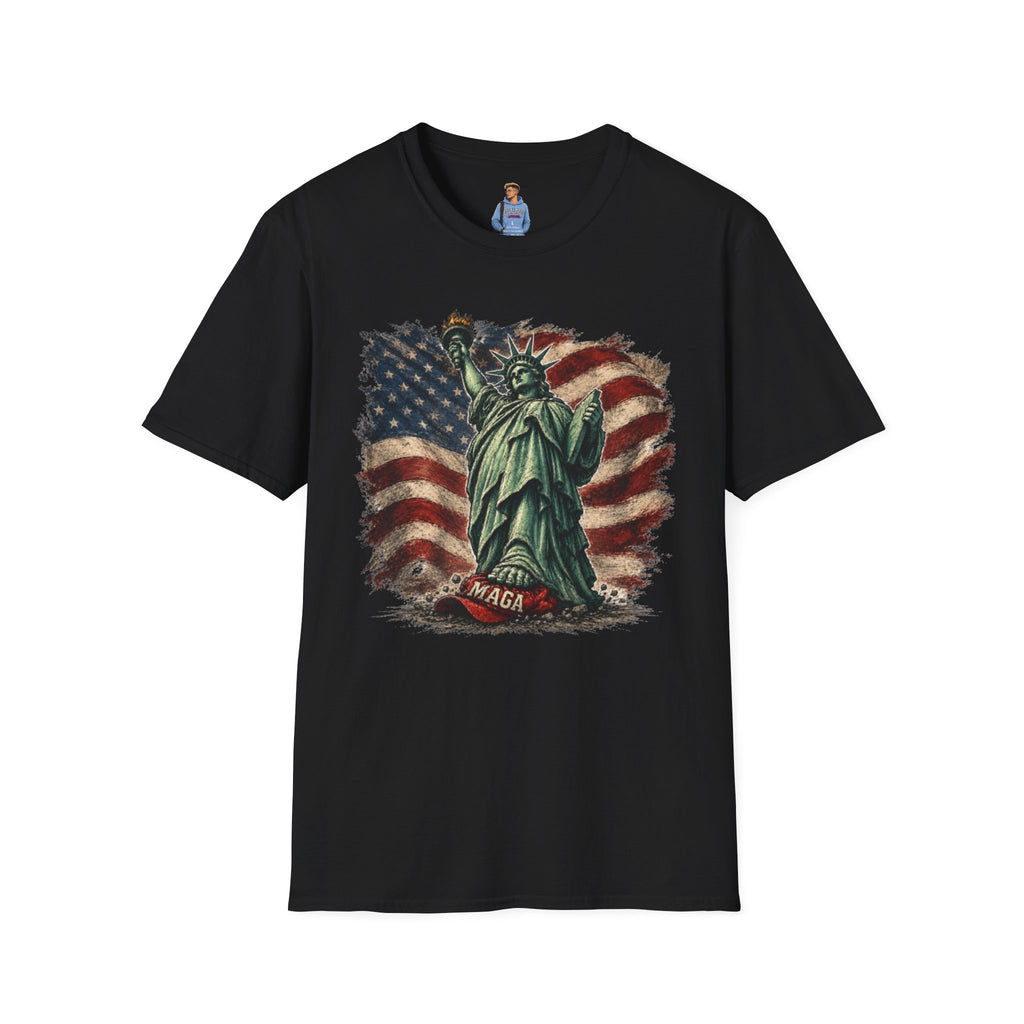 Statue of Liberty Stepping on MAGA American Flag T-Shirt — Patriotic USA Independence Day Tee