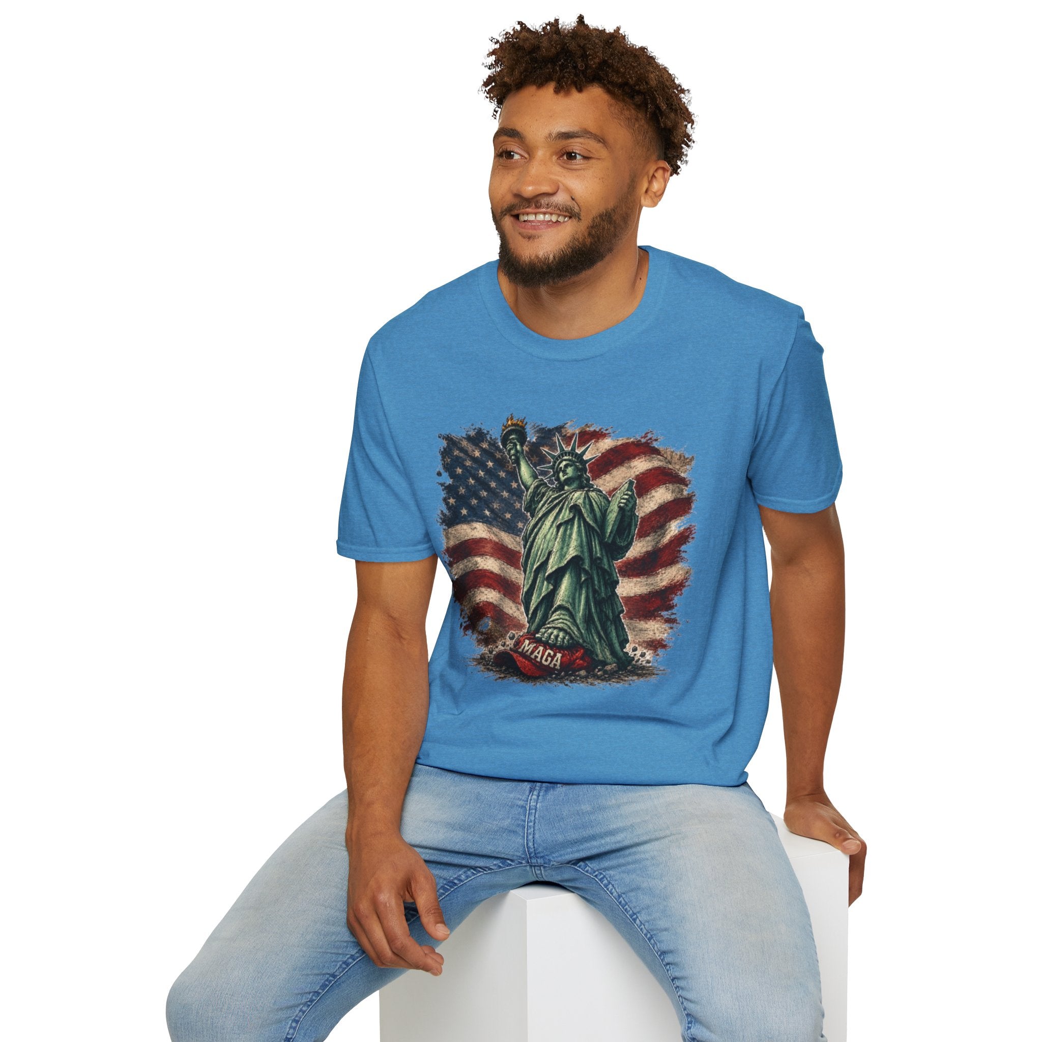 Statue of Liberty Stepping on MAGA American Flag T-Shirt — Patriotic USA Independence Day Tee