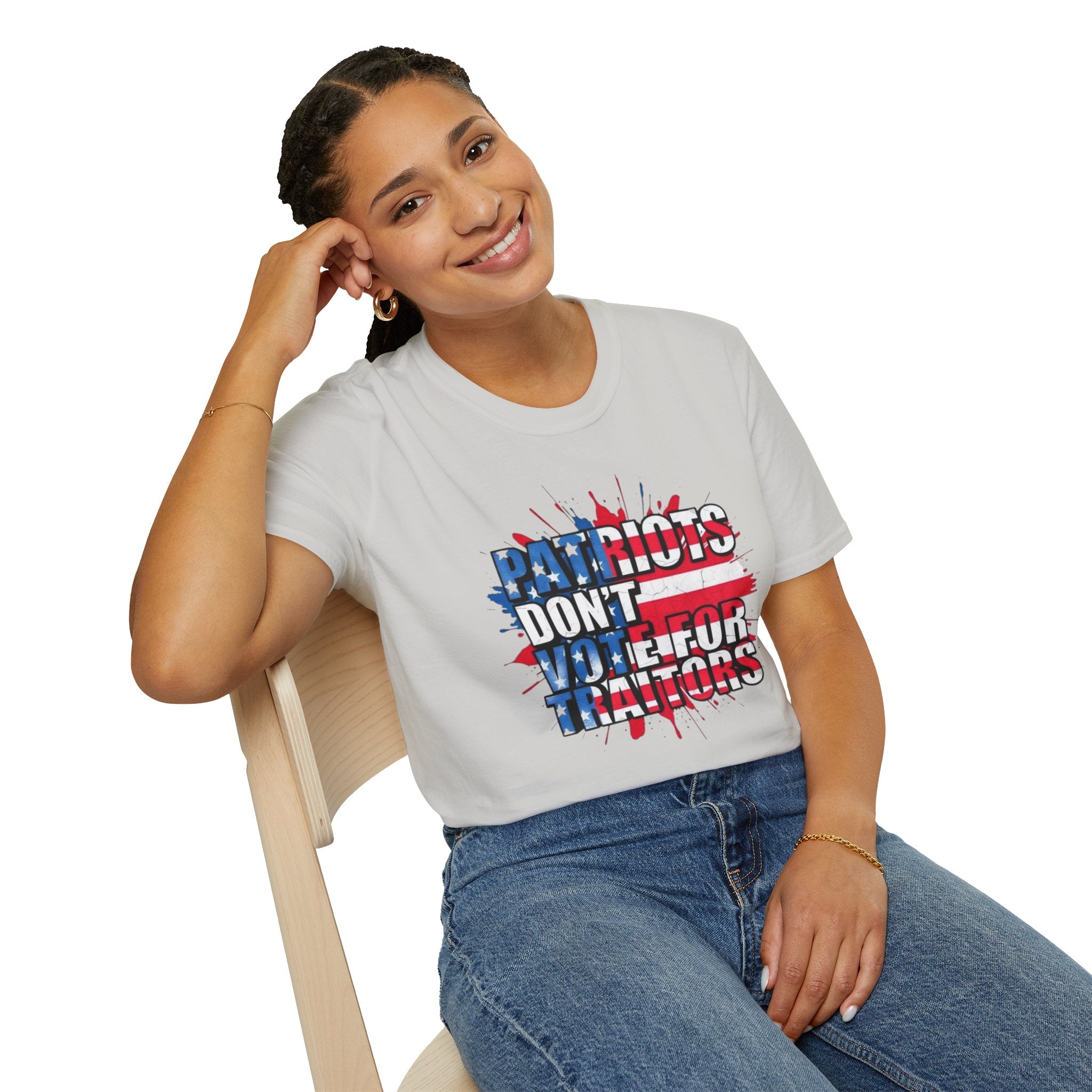 Unisex Softstyle T-Shirt - 'Patriots Don't Vote for Traitors' with USA Flag Design