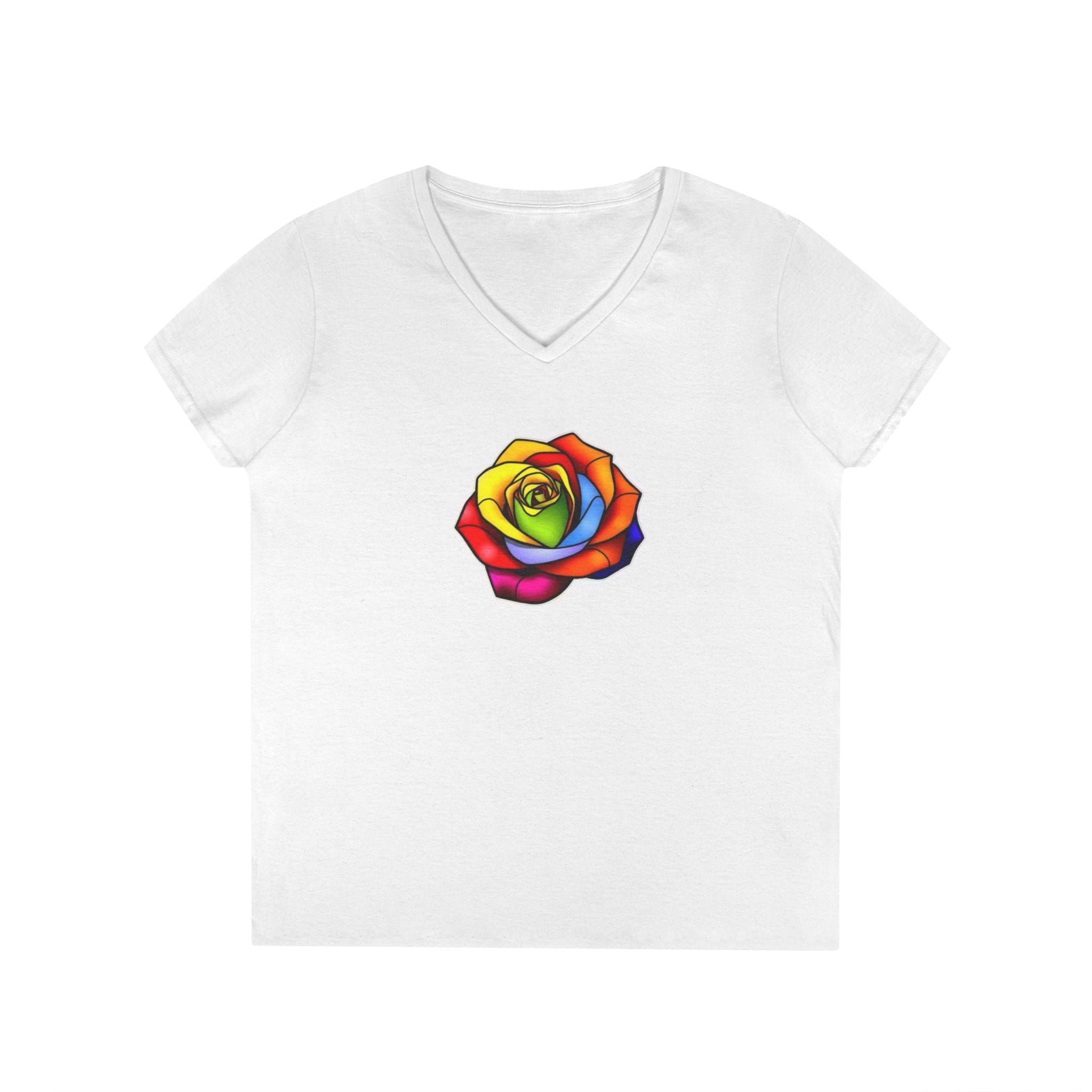 Rainbow Rose Ladies' V-Neck T-Shirt - Colorful Floral Design