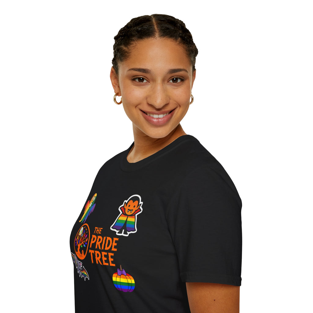 The Pride Tree Halloween T‑Shirt — Rainbow Ghosts, Pumpkins & Bat Graphic Tee